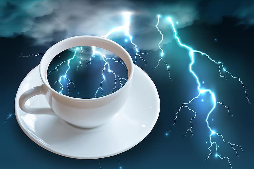 storm, te, lyn, torden, kaffe, drikke