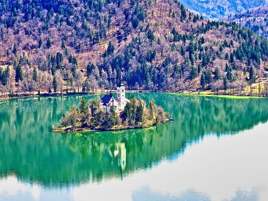 slovenia, lago, lago sanguinato, punto di riferimento, foresta, paesaggio, acqua, montagna, cristianesimo, architettura, estate