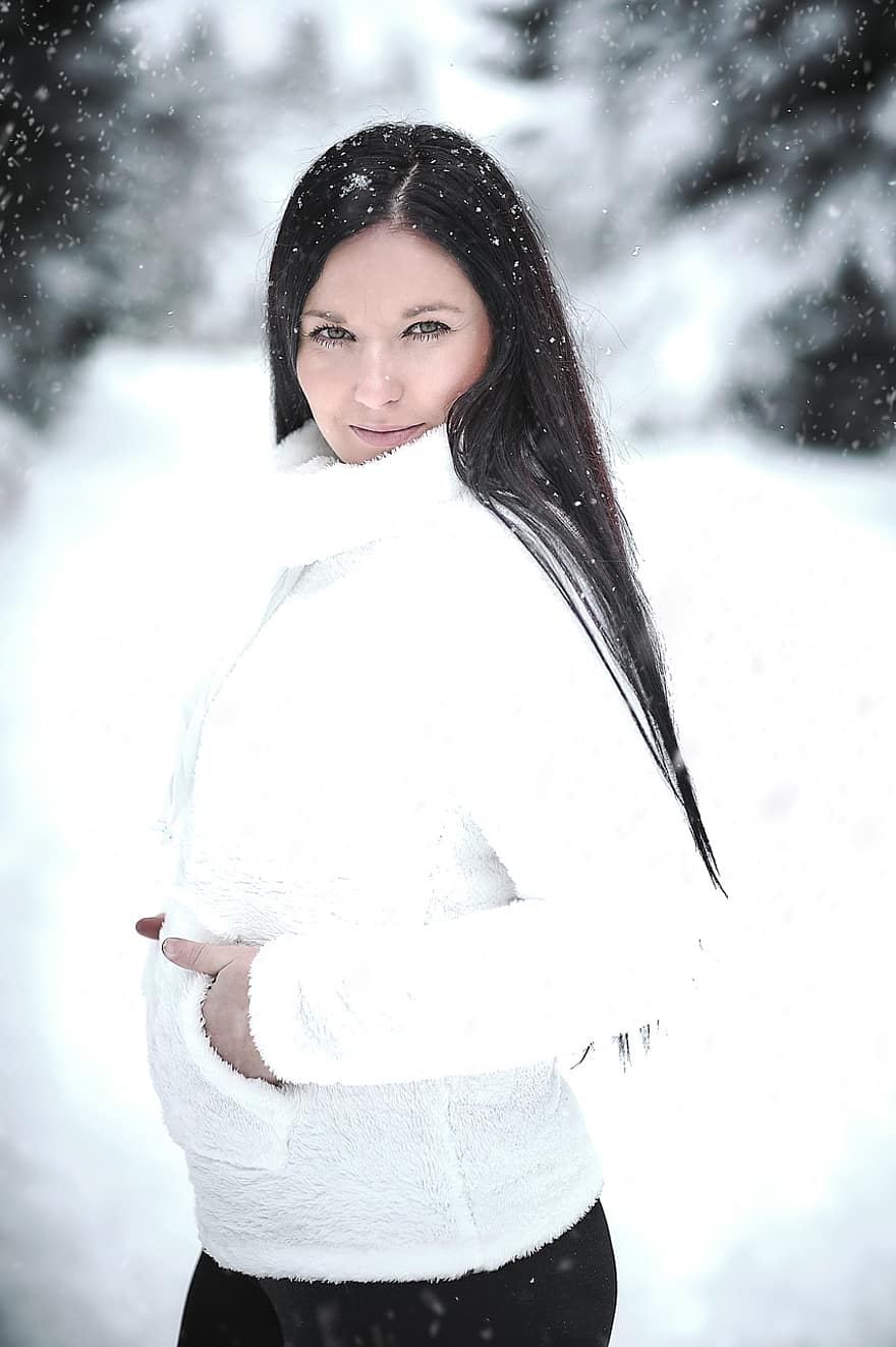 женщина, мода, снегопад, зима, улыбка, прекрасный, хорошенький, лицо, человек, модель, снег