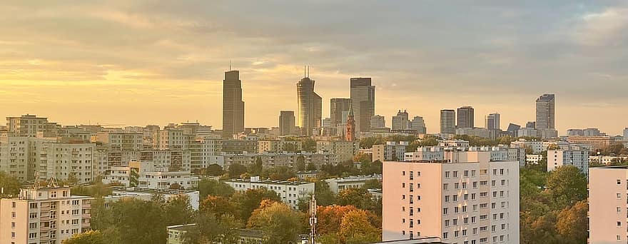Warschau, Polen, landschap, stad, zonsondergang, wolkenkrabbers