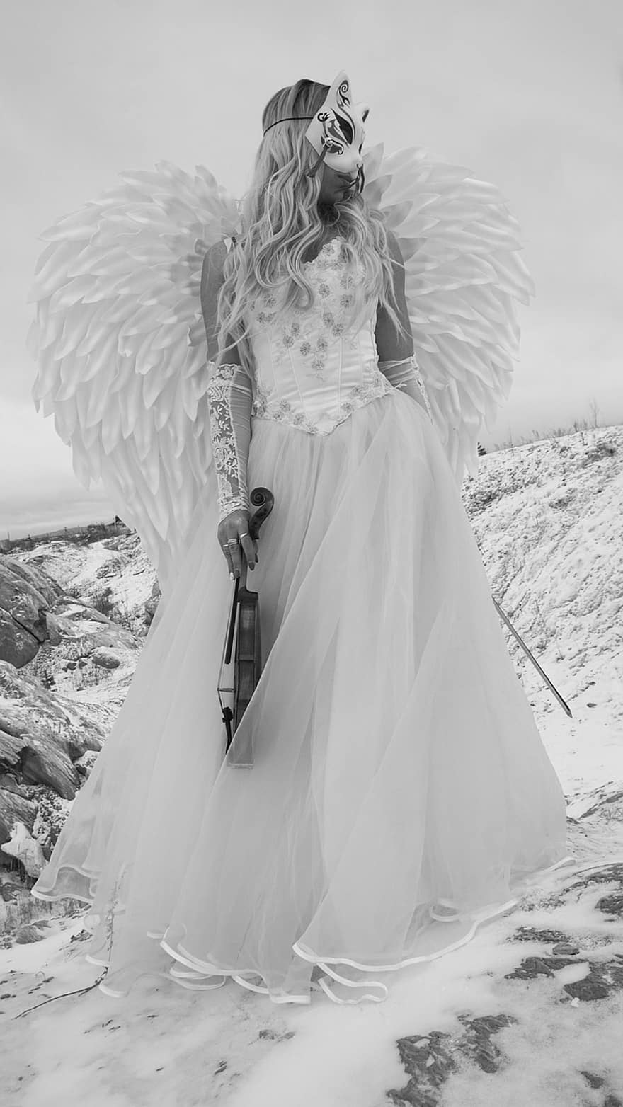 жена, костюм, ангел, история, фантазия, цигулка, рокля, крила, маска, Рус