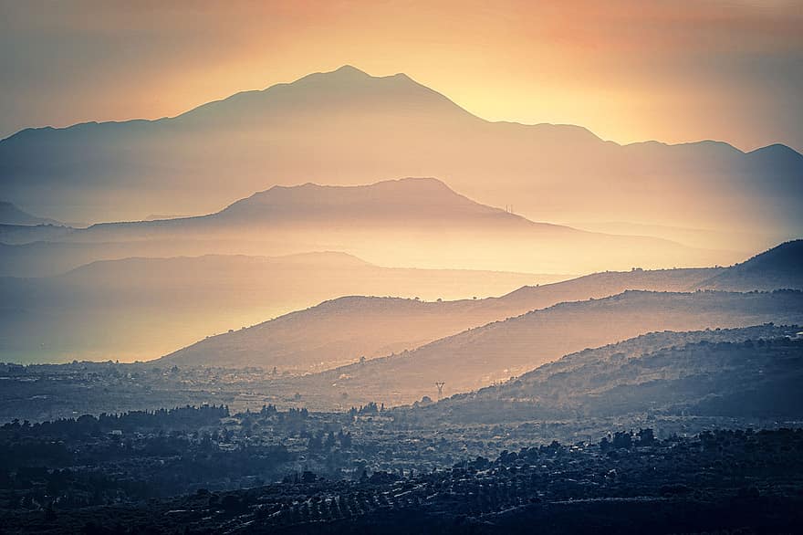 山岳、霧、日の出、クレタ、ギリシャ、もや、風景、自然、空、朝の霧、ミスト
