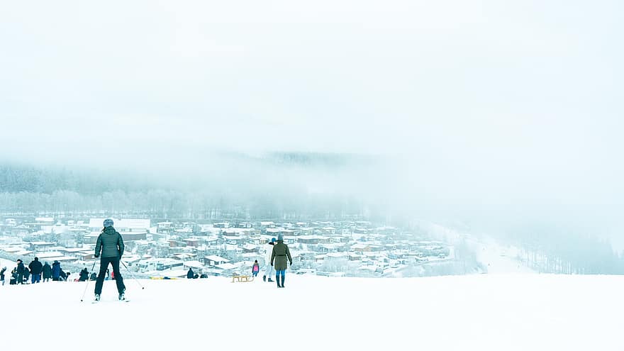 esquiar, esqui, neve, inverno, nebuloso, frio, montanha, homens, panorama, esporte, gelo