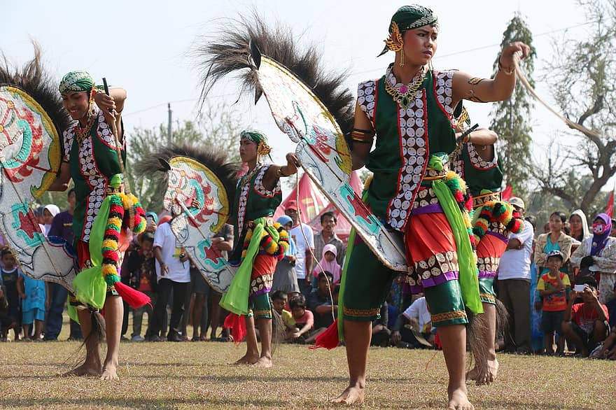 tradycja, taniec, kultura, indonezyjski, Grupa, ludzie, mężczyźni, kostium, tradycyjny, uroczystość, etniczny