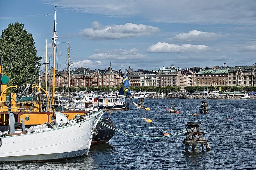 stockholm, Swedia, Pelabuhan, pelabuhan, kota, kapal laut, air, dermaga komersial, tempat terkenal, perahu layar, perjalanan