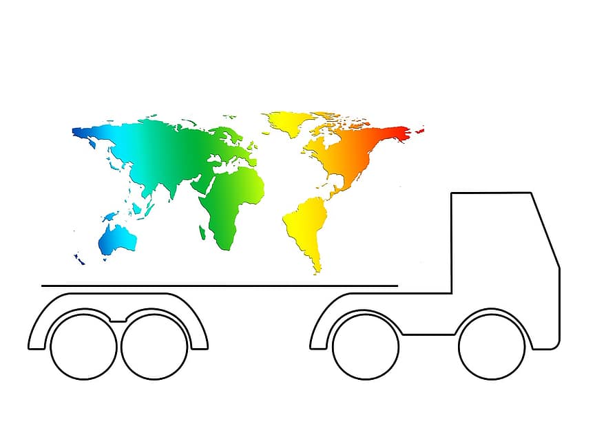 logística, camión, silueta, contorno, tierra, continentes, transporte, logo, icono