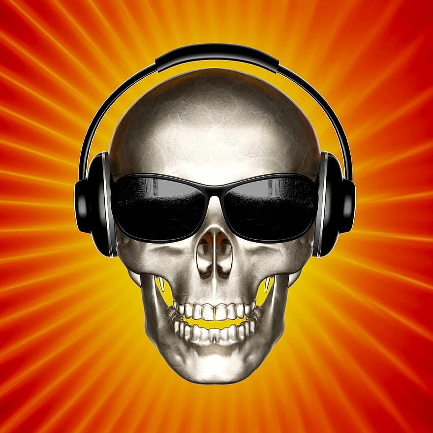 couverture de musique, image de titre, écouteurs, crâne, des lunettes de soleil, écoute, la musique, 3d