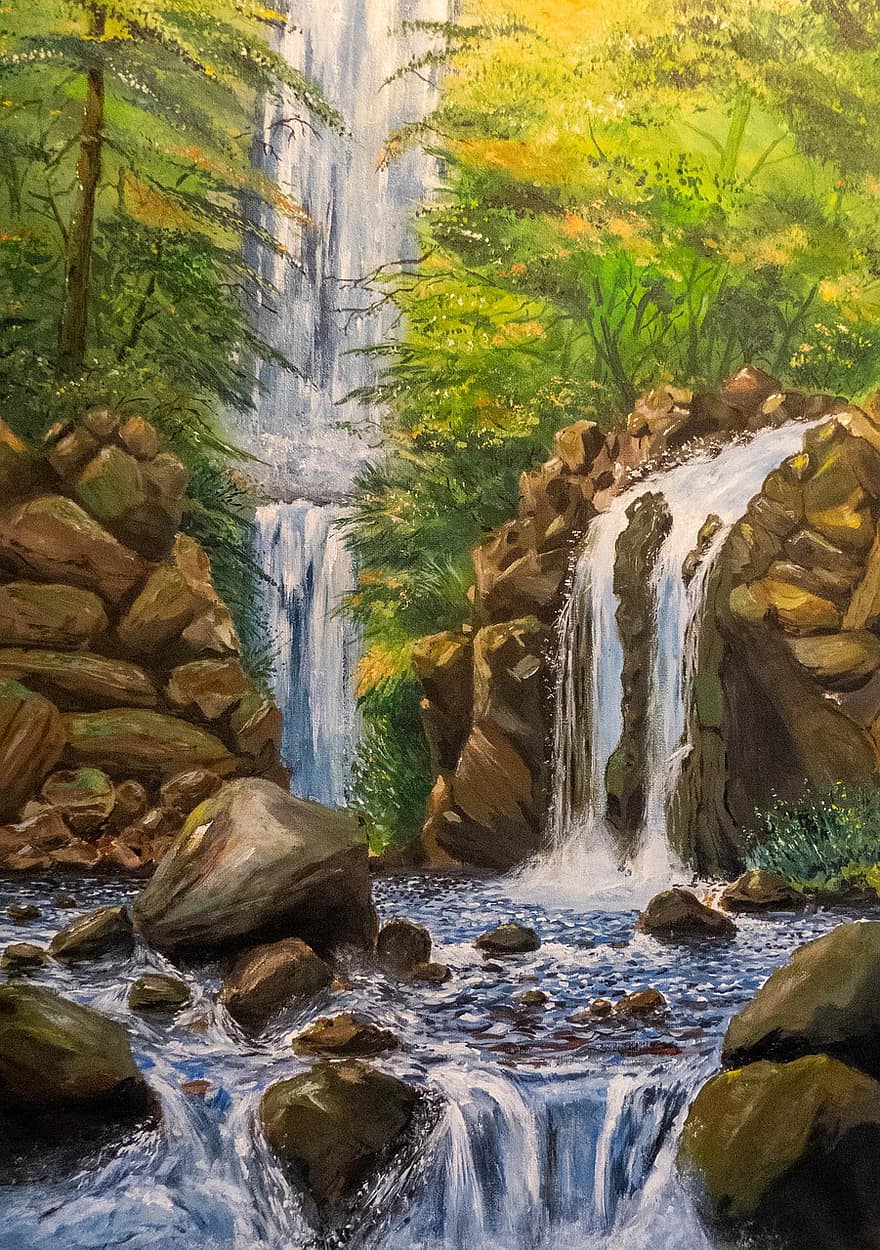Waterfall, Nature, Landscape, Forest, Paint, Acrylic, Canvas, Trees, Light