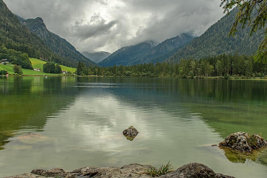 природа, езеро, планини, алпийски, планинска верига, вода, отражение на водата, околност, природен парк, ramsauer болка, Hintersee