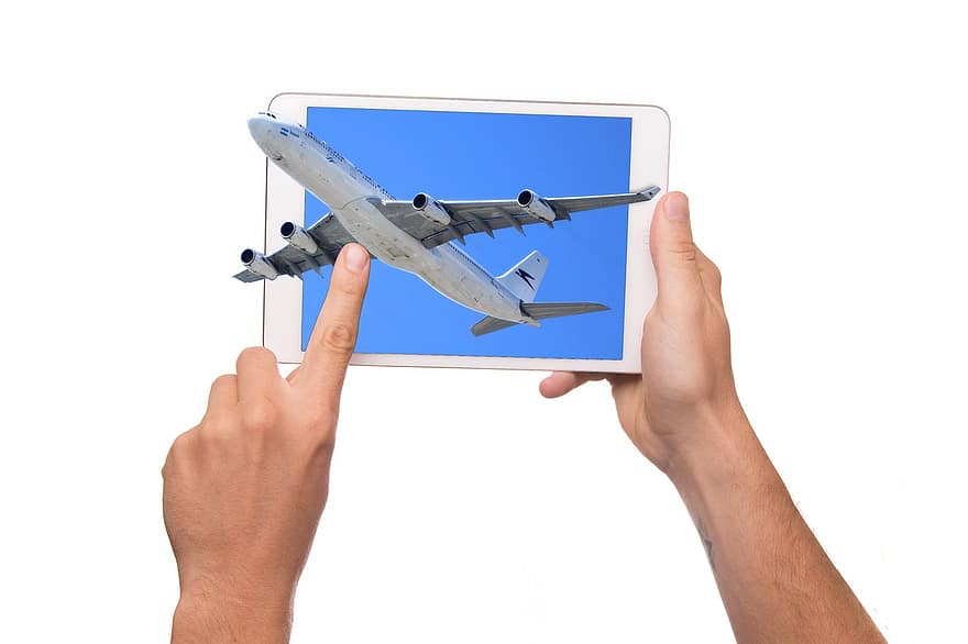태블릿, 3d, 항공기, 디스플레이, ipad, 이만, 동작, 나는, 출발, 휴가, 하늘