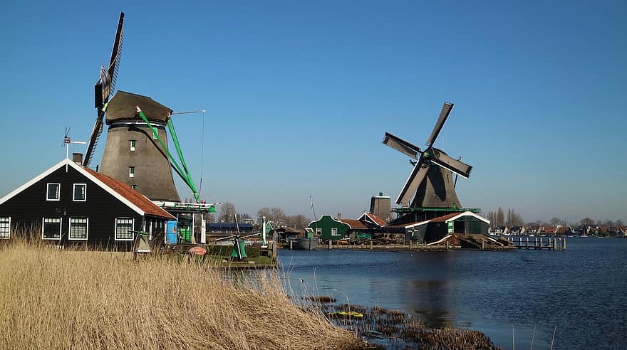 Nyderlandai, ežeras, vėjo malūnai, zaanse schans, vėjo malūnas, kultūros, kaimo scenoje, vanduo, istorija, žinoma vieta, mediena