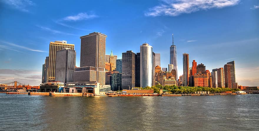 Ню Йорк, река Хъдсън, силует, град, Бруклин, река, метрополия, градски пейзаж, небостъргачи, столичен, в центъра