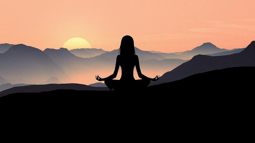 vrouw, vrede, yoga, zonsondergang, bergen, mediteren, poster, training, sport-, meditatie, De lotuspositie