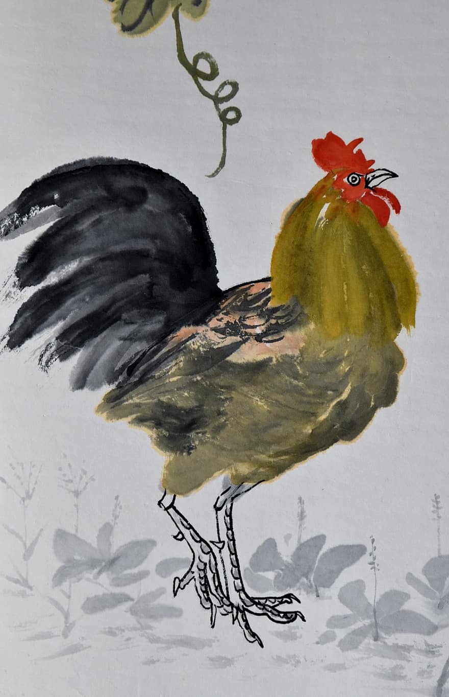 Rooster, Chinese Painting, Painting, Animal, Chicken, Chinese, Drawing, Feather, Bird, Chinese Zodiac, Gray Painting