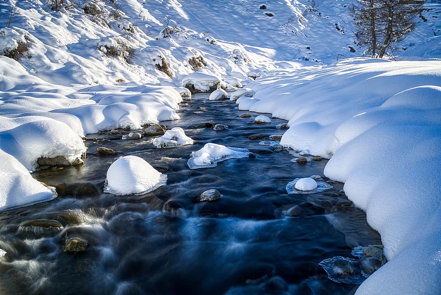râu, zăpadă, iarnă, bach, curent, pârâu, apă, curgere, acoperit cu zăpadă, rece, flux de apă