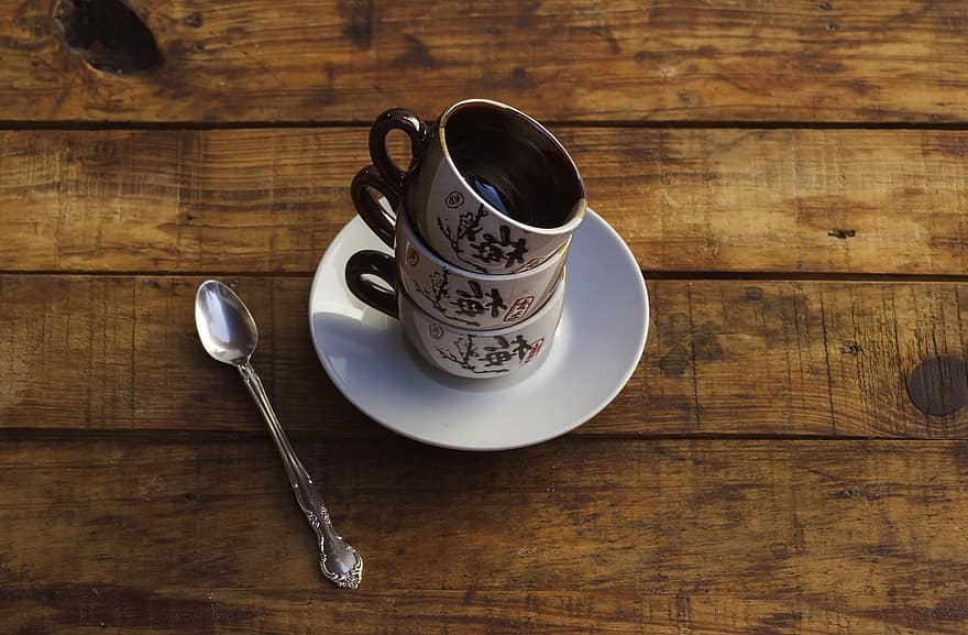 чаши за кафе, керамични чаши, съдове, чаши, Порцеланови чаши, маса, дърво, кафе, питие, едър план, чаша за кафе