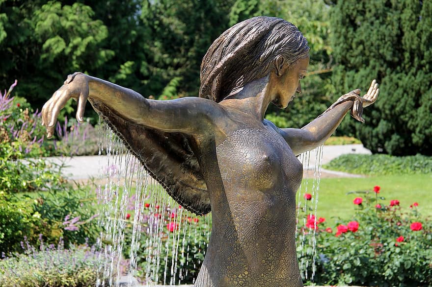 статуя, изкуство, жена, скулптура, лято, фонтан, зеленина, парк, Майнау, Германия