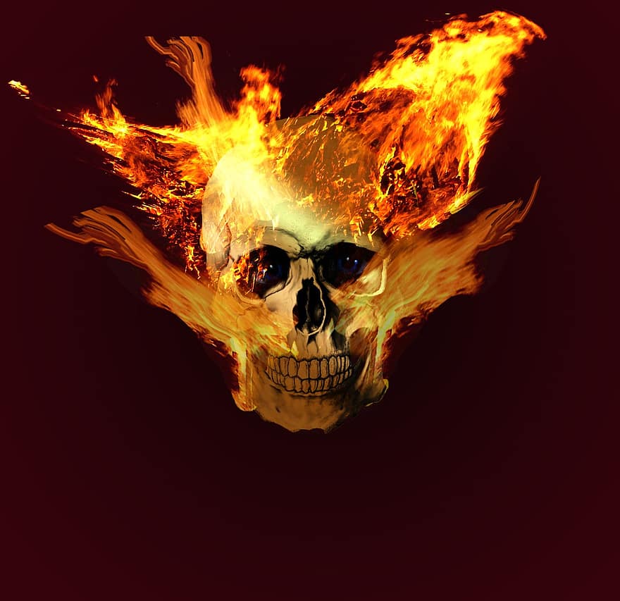 cranio, capo, teschio e ossa incrociate, Cavaliere fantasma, fiamma, bruciare, luce del fuoco, fuoco, fiamma fiammeggiante