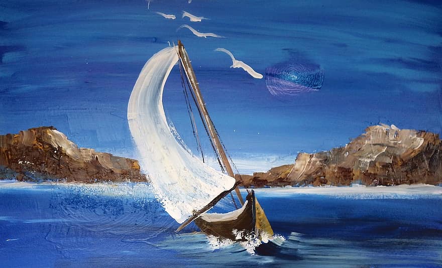 malarstwo akrylowe, statek, morze, Naprzód