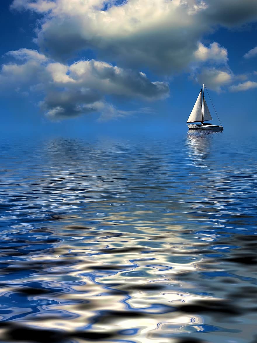 zeilboot, het zeilen, meer, boot, reflectie, water, oceaan, zee, rivier-, reizen, landschap