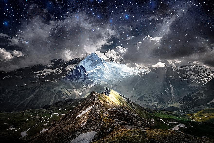 montanhas, cimeira, noite, Alpes, panorama, natureza, cume, pico, cenário, cadeia de montanhas, céu noturno