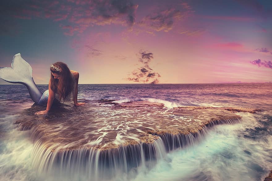 fantezi, deniz, Deniz Kızı, kadın, kız, okyanus, manzara, doğa, gün batımı