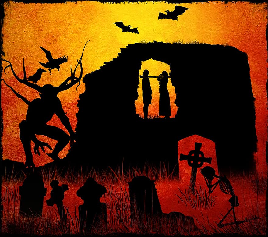 halloween, szkielet, groby, nietoperz, krzyże, wykonanie, dziwne, przerażający, sylwetka, przerażenie, schreck