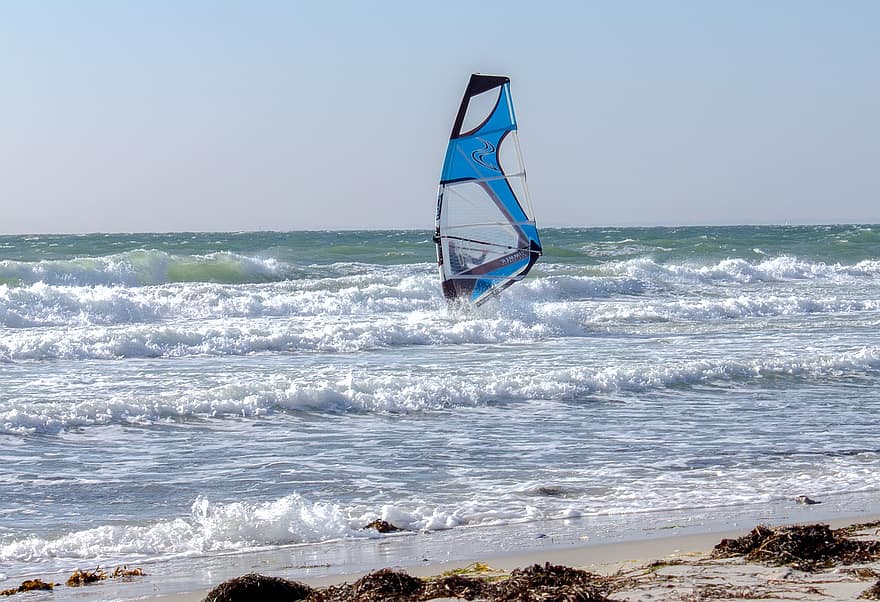 surf, windsurfing, bølger, Strand, hav, Seascape, horisont, vann, havbølger, surfing, brettseiler