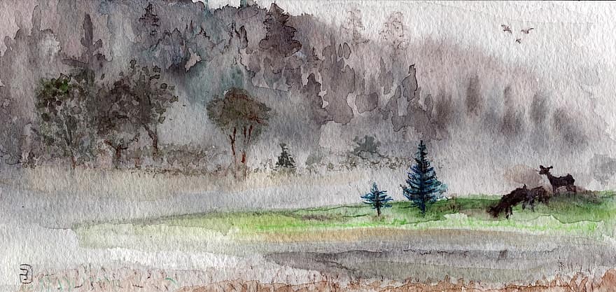 aquarelle, brouillard, paysage