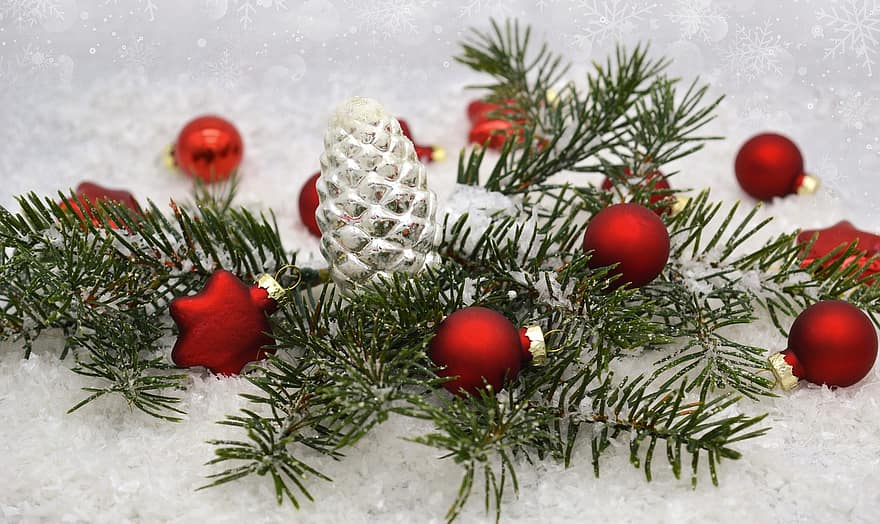 クリスマス、デコレーション、シーズン、常緑樹、雪、タップ、モミの枝、赤い安物の宝石、出現、降臨節、クリスマスの飾り