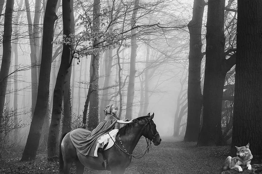 Tale, Fantasy, History, Forest, Wolf, Horse, women, tree, adult, one person, rural scene