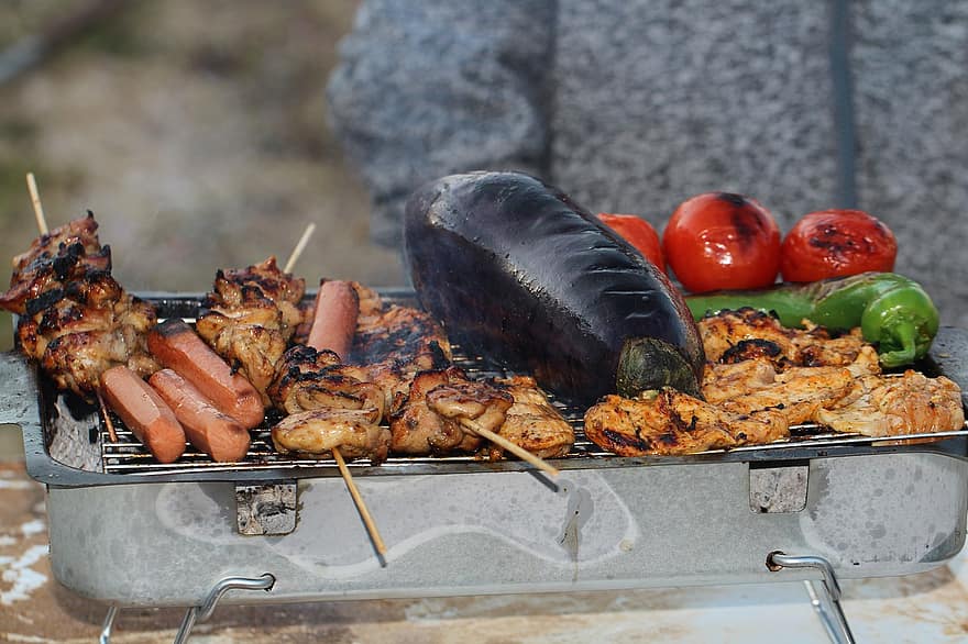 ковбаса, м'ясо, барбекю, вогонь, овочі, диму, курка
