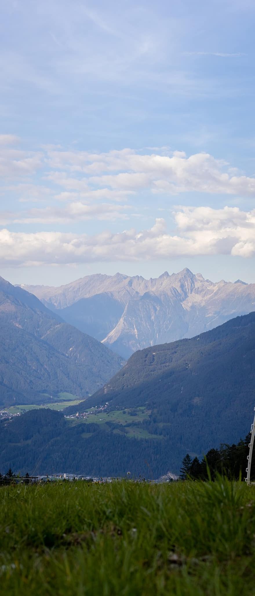 montanhas, aldeia, imst, vale, gurgltal, Tirol, Áustria, névoa, cimeira, pico, panorama