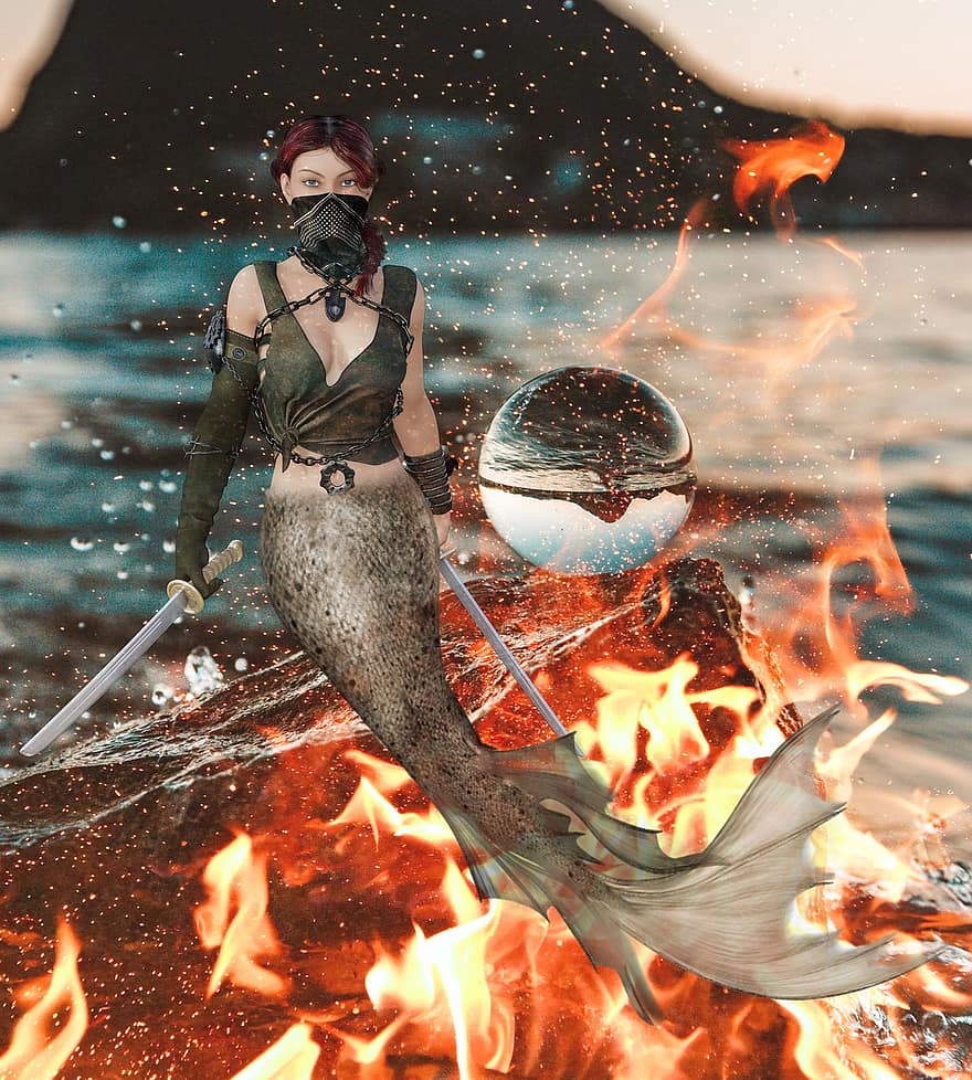 mořská panna, oheň, bojovník, oceán