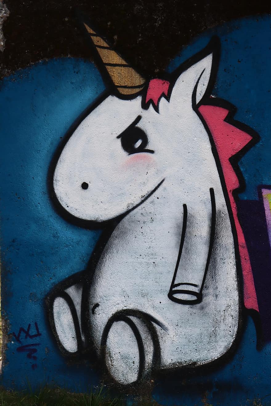 graffiti, konst, enhörning, magi, fantasi, dröm, häst, arg, Kolla på, uttryck, känslor