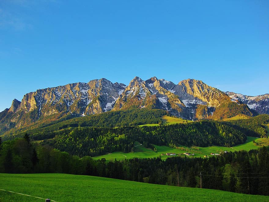montañas, alpino, campos, arboles, Alpes, cordillera, pastizales, prado, vista desde la montaña, paisaje de montaña, Tirol