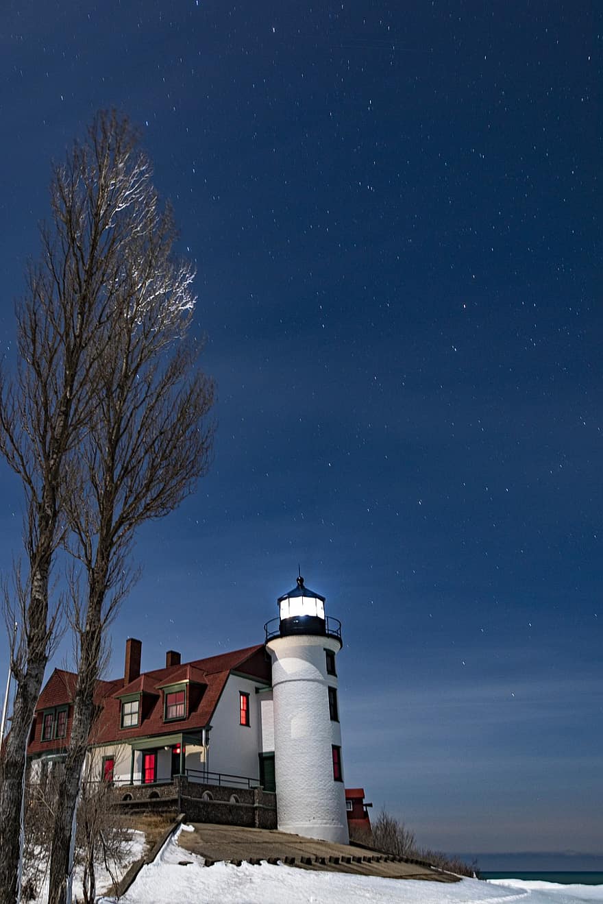 Lighthouse, Sea, Sky, Scenic, Stars, Landmark, Beacon, Outdoors, Winter, Season, night