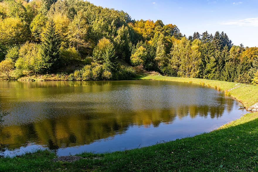 innsjø, Tajch, Kunstig vannreservoar, slovakia, demning, natur, skog, høst, tre, landskap, vann