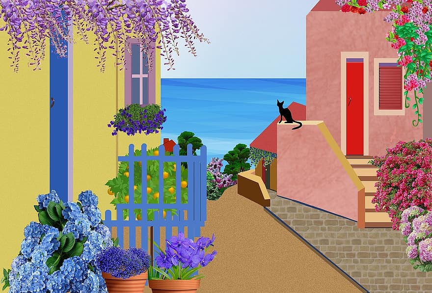 къщи, улица, Италия, цветни къщи, щори, врата, панорамна гледка, лято, Pierre, тясна улица, топлина