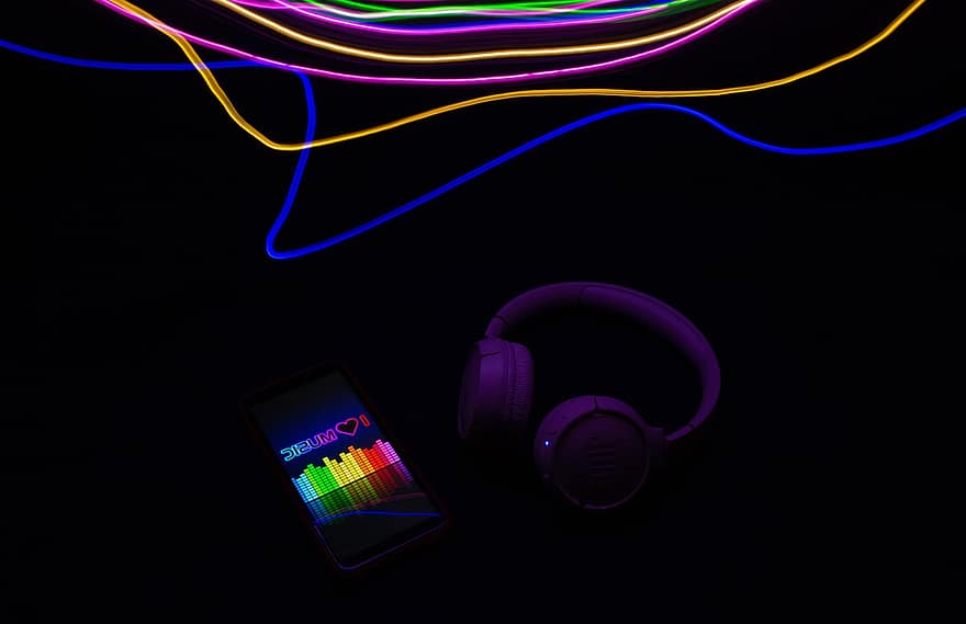 zelight, desenho com luz, arte, música, linha, leve, brilhante, fones de ouvido, Smartphone, amor, meloman
