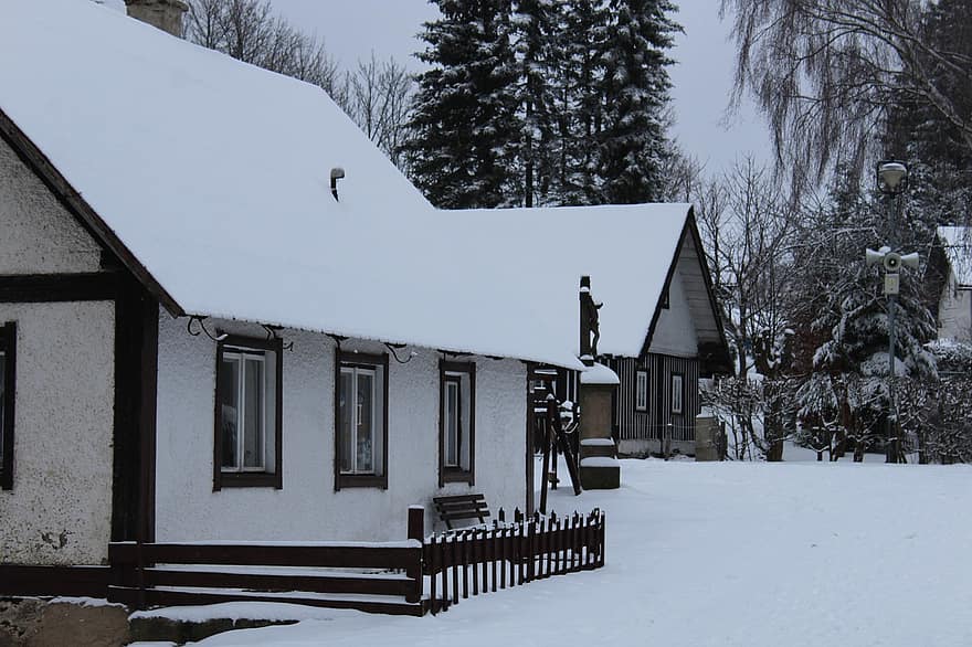 huse, by, vinter, sæson, landsby, hjem, sne, bjerge, kabine, arkitektur, træ
