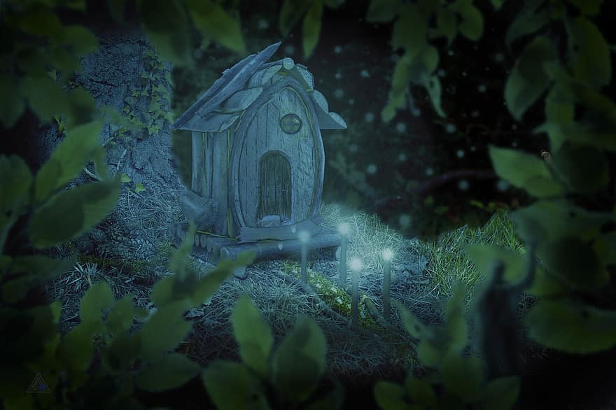 Fantasy, Dwarf, Dwarf House, Light, Lights, Background, Photo Effect, Branch, Leaf, Leaves, Dream