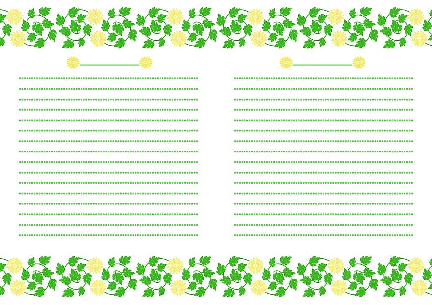 notatnik, kwiaty chryzantemy, żółty, Zielony, przerywana linia, papier w linie, strona, wir, liść, biały, botaniczny