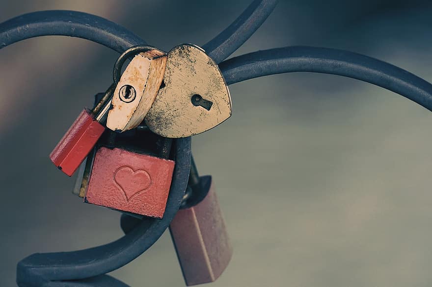 corazón, puente, llave, símbolo, candado, amor, romance, forma de corazón, bloquear, de cerca, metal
