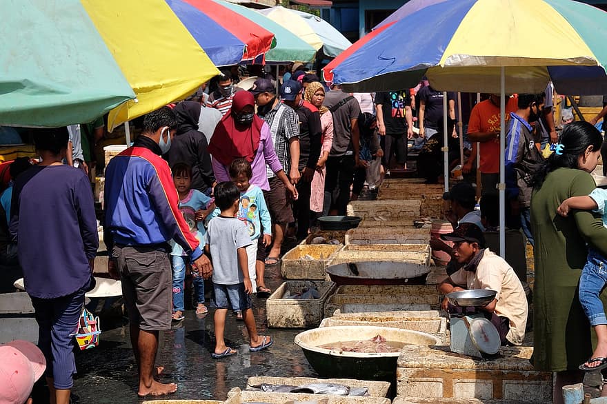 рыбный рынок, рынок, город, городской, мокрый рынок, люди, толпа людей, традиционный