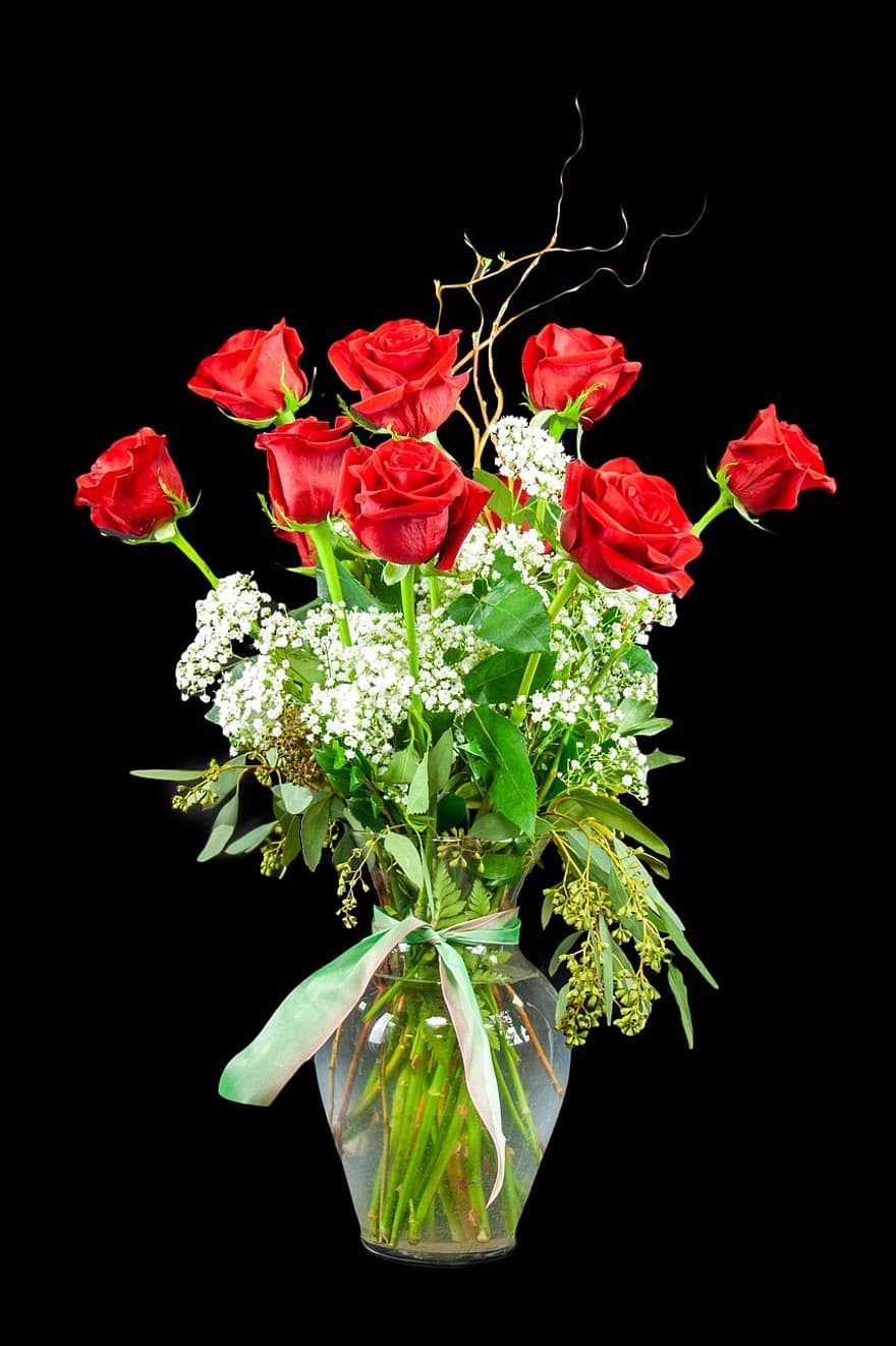Mohan, nannapaneni, roser, rød, vase, arrangement, romantisk