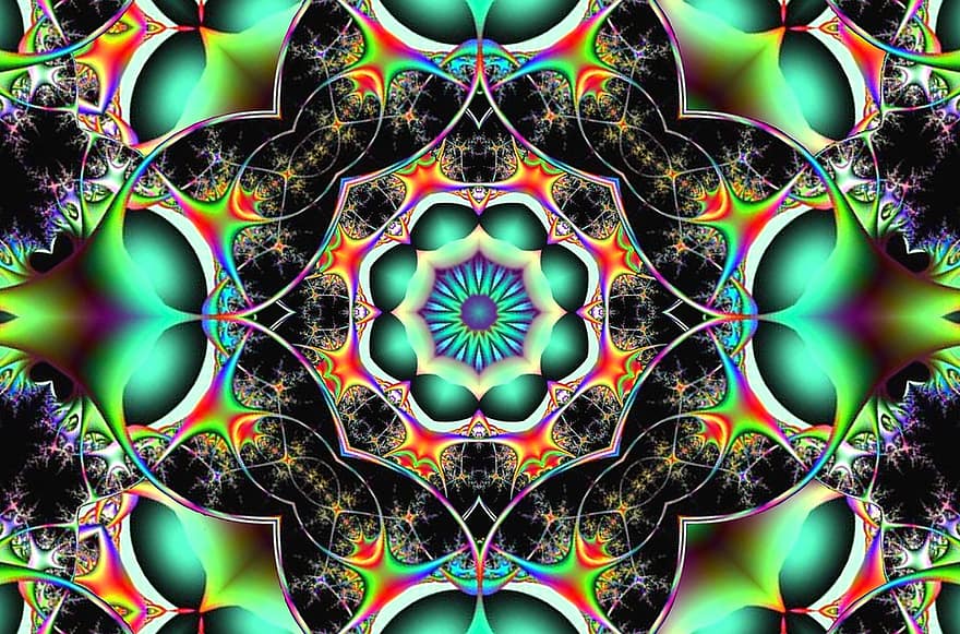 fraktal, kaos, symmetri, psykedelisk, mønster, kreativ, farge, fargerik
