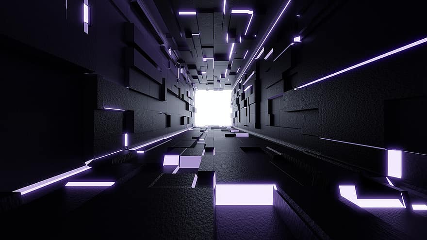 tunnel, lys, perspektiv, neon, 3d, gengive, abstrakt, tapet, baggrund, geometri, sort abstrakt
