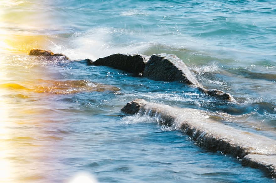 岩、波、海、海洋、しぶき、水、シルキー、反射、瞑想する、平和な、自然