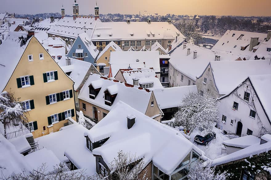oraș, sat, iarnă, sezon, zăpadă, acoperișuri, case